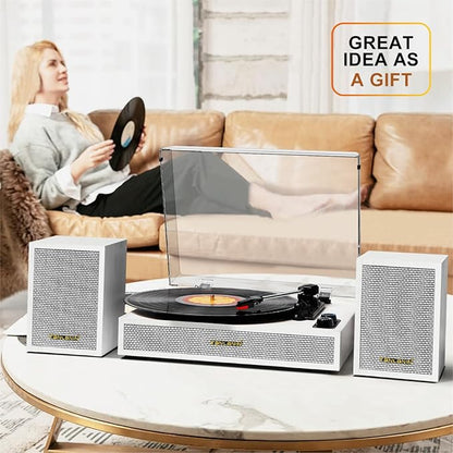 Vinyl Record Player with External Speakers, 3 Speed Vintage Belt Drive Turntable Record Player with Stereo Speakers RCA Audio Out and Aux-in, White Wood