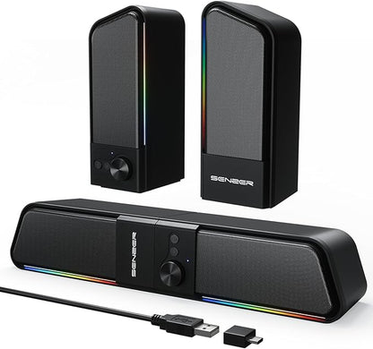 SENZER CS20 2 in 1 Bluetooth Computer Speakers for Desktop, USB Plug & Play Clear Sound PC Speakers with RGB Light, Monitor Sound Bar with Volume Knob, Gaming Speaker for PC Laptop Phone Tablet
