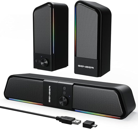 SENZER CS20 2 in 1 Bluetooth Computer Speakers for Desktop, USB Plug & Play Clear Sound PC Speakers with RGB Light, Monitor Sound Bar with Volume Knob, Gaming Speaker for PC Laptop Phone Tablet