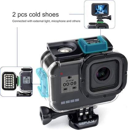 Waterproof Housing Case for GoPro Hero 8 Black - 60M(196ft) Protective Underwater Diving Shell Mount with 2 Cold Shoe Adapters Bracket Accessories Action Camera