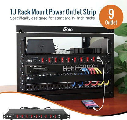 Tecmojo 9-Outlet Rack Mount Power Strip,1U Horizontal PDU Individual Switch 6ft Cord, with 2USB and 2 Type-C,for IT and Network Racks and Cabinets