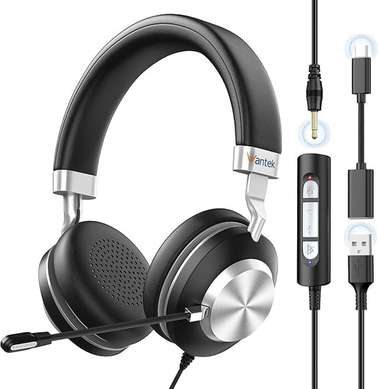 Wantek USB Headset with Microphone for PC, On-Ear Computer Laptop Headphones with Noise Cancelling Mic, Mute, Volume Control for Work, Teams, Zoom, Online Meetings, Home Office (USB+USB-C+3.5mm)