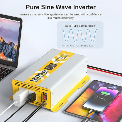 XWJNE 1200W Pure Sine Wave Power Inverter 12V DC to 120V GFCI AC Converter with LCD Display for Home, RV, Truck, Off-Grid Solar Power