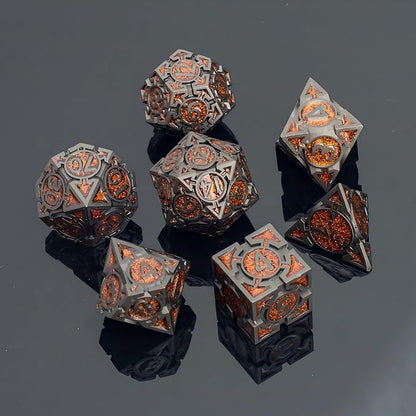 Orange Black Nickel Finish Heavy Metal DND Dice Set (Bard) with A Metal Box, Sharp Edge Zinc Alloy D&D Accessories, D4-D20, Designed for Dungeons & Dragons Master, RPG Player, Starter