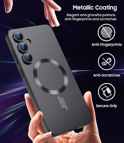Magnetic for Samsung Galaxy S25 Plus Case [Compatible with MagSafe][Built-in Camera Lens Protector] Slim Soft Silicone Bumper Shockproof Metallic Luster Phone Shell (Black)