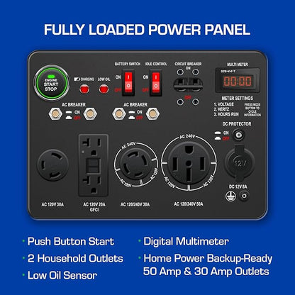 DuroMax XP13000EH 13,000-Watt Dual Fuel Portable Generator - Gas & Propane, Electric Start, Whole Home Backup Power, Transfer Switch Ready, RV & Emergency Ready