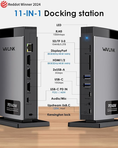 WAVLINK Laptop Docking Station 3 Monitors(Max Resolution: Single 8K or Triple 4K), 11-in-1 USB C Docking Station with 125W PD3.1 Pass-Through & Power Adapter, 2*HDMI + DP, for MacBook M1–M4 & Windows