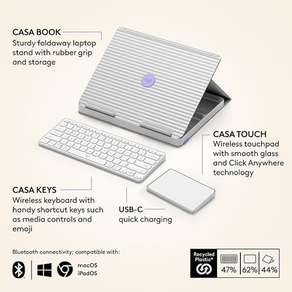 Logitech Casa Pop Up Desk Kit - Adjustable Laptop Stand for Desk, Wireless Keyboard & Touchpad, Bluetooth, USB C Charging, Nordic Calm, Tan/Purpl