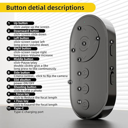 Bluetooth Camera Remote Shutter with Zoom and Front/Rear Camera Switch for Photo and Vlogging,Cllphone Remote Clicker for iOS & Android Smartphone, Wireless Video Scrolling for Tiktok