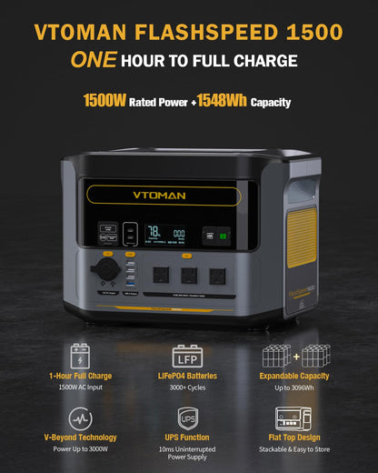 VTOMAN FlashSpeed 1500 Portable Power Station 1548Wh - Recharge 0-100% within 1H, LiFePO4 Battery Powered Solar Generator with 110V/1500W AC Output/Input, 100W USB Port for Camping, Emergency