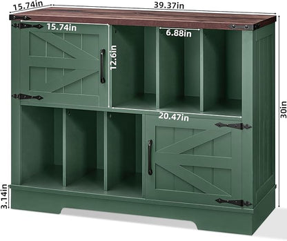 Large Record Player Stand with Vinyl Storage Up to 450 Albums, 39 Inch Farmhouse Wood Green Vinyl Records Storage Cabinet with Barn Doors, Mid-Century Accent Turntable Stand for Living Room