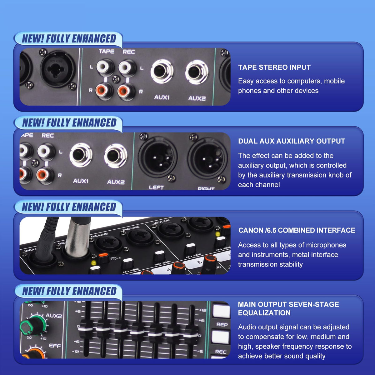 Doslnlya GF8 Pro Multi functional 8-channel Audio Mixer, Bluetooth DJ Mixing Console -7-level Stage Equalizer, 99 Sound Effects, Stage Independent Mute, Karaoke, Wedding Scene, Party DJ Mixer