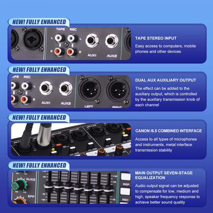 Doslnlya GF8 Pro Multi functional 8-channel Audio Mixer, Bluetooth DJ Mixing Console -7-level Stage Equalizer, 99 Sound Effects, Stage Independent Mute, Karaoke, Wedding Scene, Party DJ Mixer