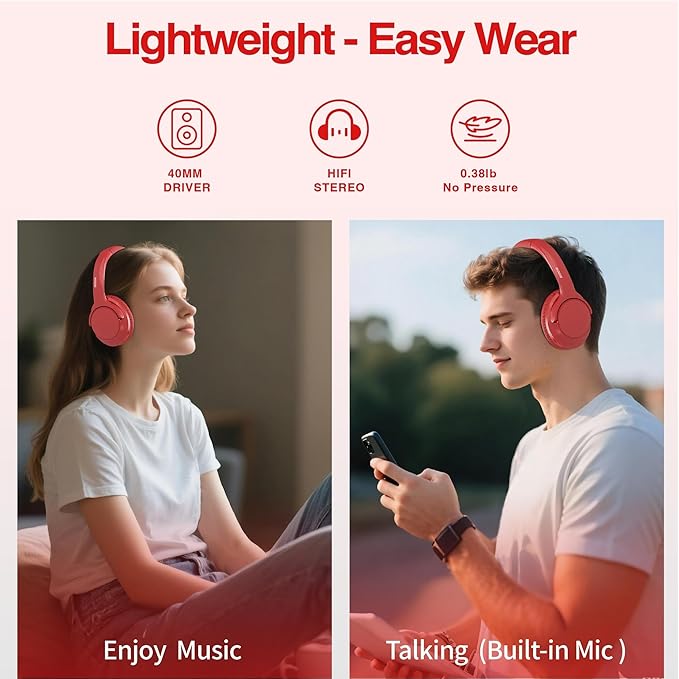 Bluetooth Headphones Wireless 68H with Mic,Decent Sound-Acceptable Red
