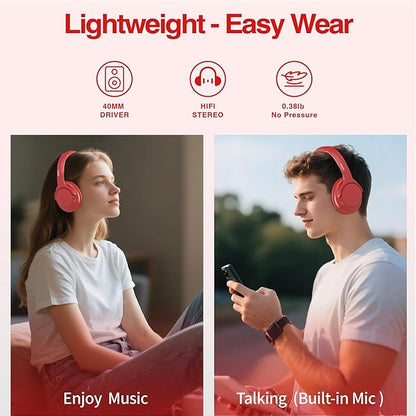 Bluetooth Headphones Wireless 68H with Mic,Decent Sound-Acceptable Red