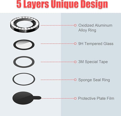 AGVEE 3+3 6 Pack for iPhone 15/15 Plus, Bling Diamond & Glitter Metal Ring 9H Tempered HD Glass Camera Protector Cover Film
