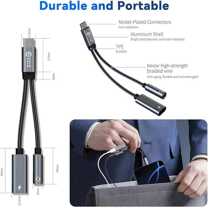 USB C Splitter for KZ ZS10 PRO, CCZ CA01 USB C to 3.5mm Audio Headphone and Charger Adapter, Type C Headphone Splitter 1 in 2 Out, IEM Cable DAC Dongle for Samsung Galaxy S25/S24/S23/S22 (USBC-3.5MM)