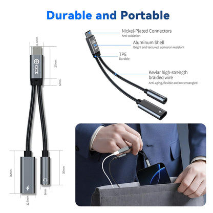 2PCS USB C Splitter for KZ ZS10 PRO, CCZ CA01 USB C to 3.5mm Audio Headphone and Charger Adapter, Type C Headphone Splitter 1 in 2 Out, Dongle Audio Cable DAC for Samsung Galaxy S25/S24 (USBC-3.5MM)