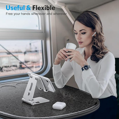 OMOTON Foldable Cell Phone Stand, C4 Portable Aluminum Phone Holder, Adjustable Phone Dock Cradle Compatible with iPhone 16/15/14/13 Pro Max, Samsung Galaxy, Small Tablets, All Smart Phones, Silver
