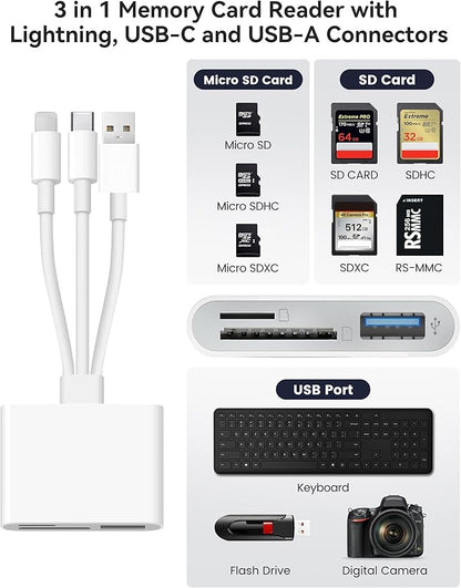 SD Card Reader for iPhone iPad Mac Trail Game Camera Viewer Built-in 3-in-1 Connector (Lightening, USB-C and USB-A) with SD MicroSD USB-A 3 Slots, Portable No App Required Plug & Play - White