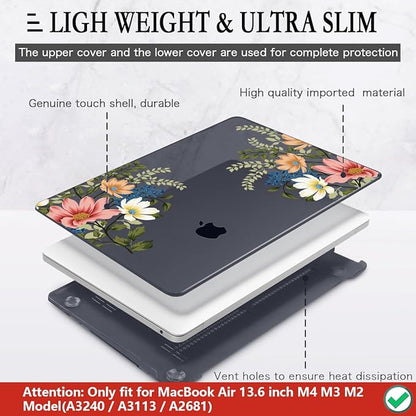 CISSOOK Compatible with MacBook Air 13.6 Inch Case 2025 2024 2023 2022, Plastic Hard Shell Case with Keyboard Cover for MacBook Air 13.6 M2 M3 M4 Chip A2681 A3113 A3240 Model, Retro Flower