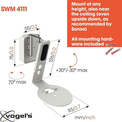Vogel's SWM 4111 Speaker Wall Bracket for Sonos ERA 100, Max. 11 lbs (5 kg), Tiltable -30º/+30º, Swivels up to 70º (Left/Right), White, 1 Bracket