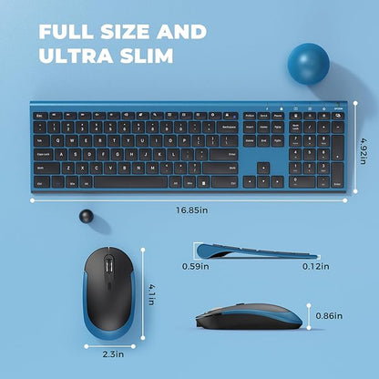 Wireless Keyboard and Mouse, Vssoplor 2.4GHz Rechargeable Quiet Full-Size Keyboard and Mouse Combo with Nano USB Receiver for Windows, Laptop, PC, Notebook-Black and Blue