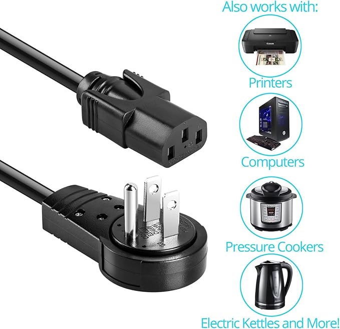 Maximm Monitor Computer Power Cord 4 Ft Flat Plug 360° Rotating PC Cable 3 Prong for, Desktop, Printer, Scanner, 16 AWG NEMA 5-15P to IEC13 - UL Certified