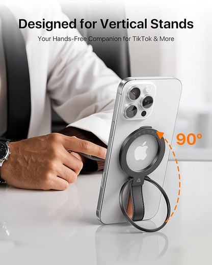 andobil[2025 Premium Leather] Magnetic Phone Grip for MagSafe[Unrivaled Stability] Adjustable Phone Ring Kickstand with Leather Loop Compatible with MagSafe Accessories&iPhone 16/15/14/13,Dark Black