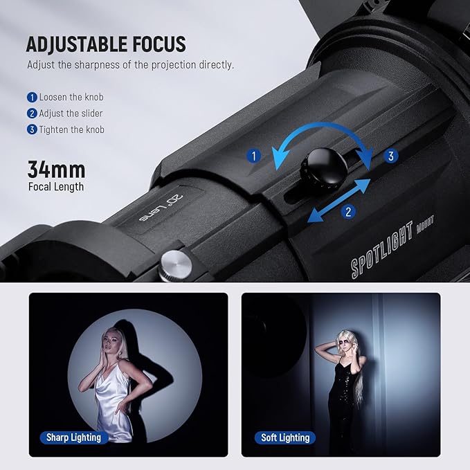 NEEWER Spotlight Snoot with 20° Projection Lens, Adjustable Focus, 16 Metal Gobos 5 Color Gels, Bag, Conical Snoot for Bowens Mount LED Continuous Output Lighting Studio Video Light Up to 300W, LS-39