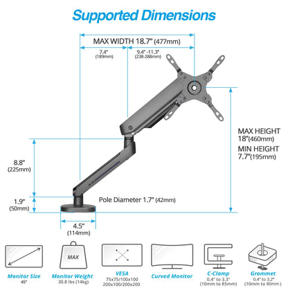 AVLT Single 27”-45” RGB Gaming Monitor Arm Desk Mount - Dark Gray