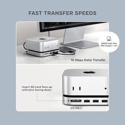 Satechi Mac mini M4 Hub & Stand with NVMe SSD Enclosure, Mac mini M4 Dock with 2xUSB A Up to 10Gbps, USB A Data Port, SD Card Reader for Mac mini M4, Mac mini M4 Pro - Silver