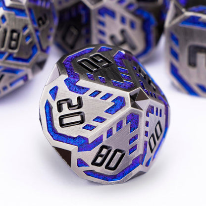 OGCOPHEN Metal DND Sci-fi Dice Set 7PCS Stripe Polyhedral Dice for Dungeons Dragons RPG Role Playing Game, Glitter D and D Dice with Gift Box D6 D8 D10 D12 D20 (Blue Purple&Grey)