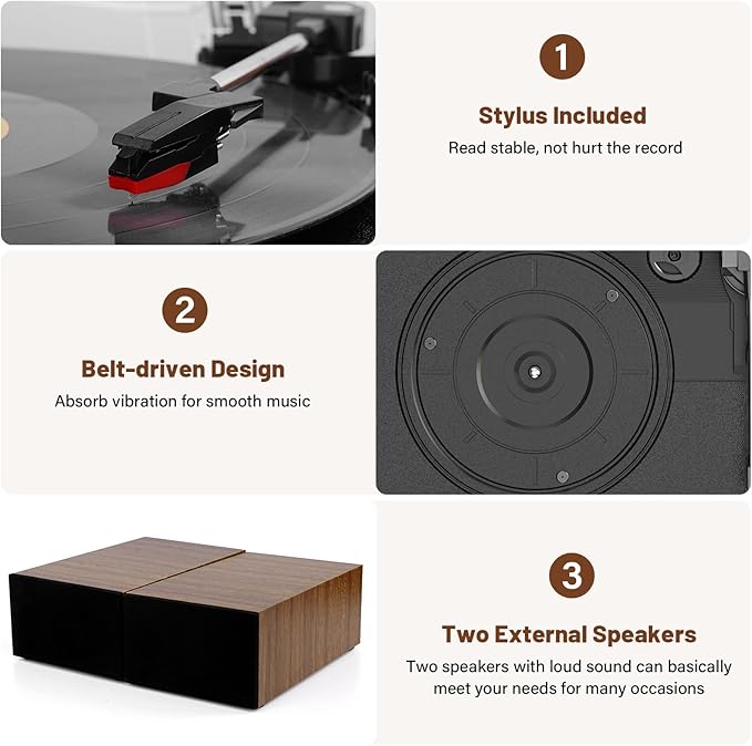 Vinyl Record Player with Dual Stereo Bookshelf Speakers Vintage Belt Drive Bluetooth Turntable with External Speakers,Convert Vinyl to MP3,LP Players AUX Headphone Input RCA Out,Brown