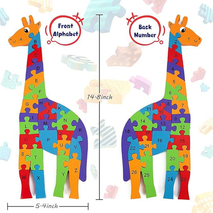 LovesTown Wooden Alphabet Puzzle for Kids, Learning Toy, Giraffe Montessori ABC Educational Letter and Number Jigsaw for Toddlers