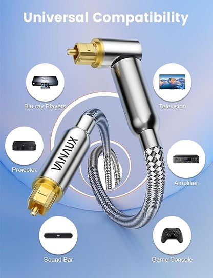 VANAUX 90-Degree Optical Audio Cable 15FT,Premium Fiber Optic Toslink Cable(24K Gold-Plated Connectors,Aluminum Alloy Shell,Braided Jacket)Ideal for Tight Spaces,Home Theater,Soundbars,Gaming Consoles