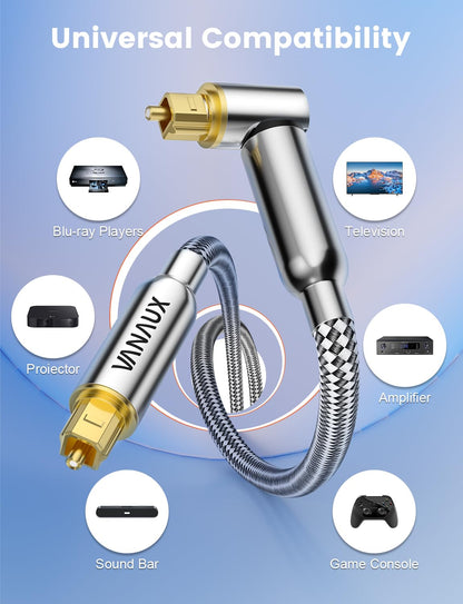 VANAUX 90-Degree Optical Audio Cable 3FT,Premium Fiber Optic Toslink Cable(24K Gold-Plated Connectors,Aluminum Alloy Shell,Braided Jacket)Ideal for Tight Spaces,Home Theater,Soundbars,Gaming Consoles