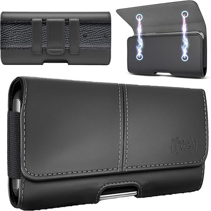Leather Phone Holster for Men & Women, Horizontal Cell Phone Case, Fits iPhone 13/12 Mini, SE, Xs/X, 8, 6s - Belt Clip/Loop Carrying Phone Pouch Holder, Black Small