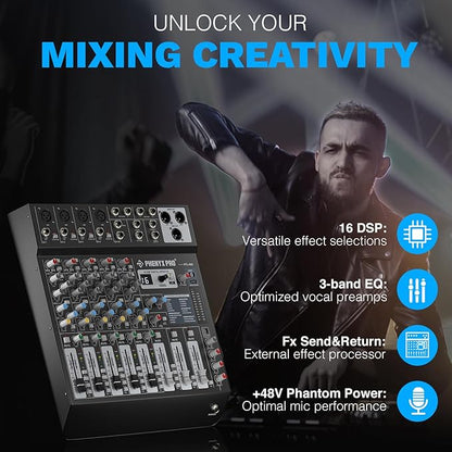 Professional 6-Channel Audio Mixer, Phenyx Pro DJ Sound Mixer Board w/Flexible AUX, BUS, SUB Routing, 16 DSP, BT Streaming & USB-B PC Recording, Mixing Console for Stage, Home Studio (PTL-600)