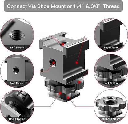 Triple Cold Shoe Mount Cold Shoe Adapter, 360 Degree Swivel Aluminum Camera Hot Shoe Extension Bracket with 3 Port Cold Shoe Mounts for Camera Cage Flash LED Light Monitor Microphone