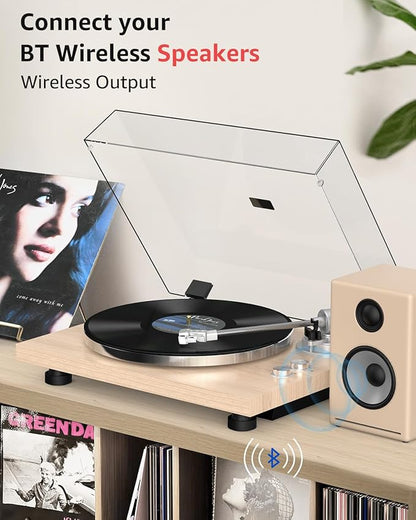 Turntable Record Player Wireless Output Carbon Fiber Tonearm Vinyl Player Aluminium Platter Belt-Drive LP Turn Tables 33 1/3&45 RPM Audio Phono RCA Line Out AT-3600L MM Cartridge Pale Walnut White