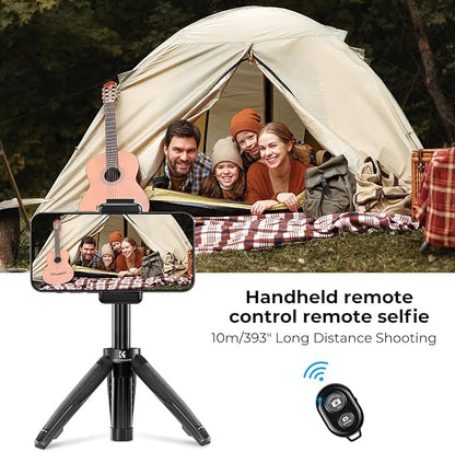 K&F Concept Selfie Stick Tripod, 360 Degree Rotation Mini Phone Stand with Ball Head and Cold Shoe Mount, Cellphone Holder with Wireless Remote for Smartphone Black