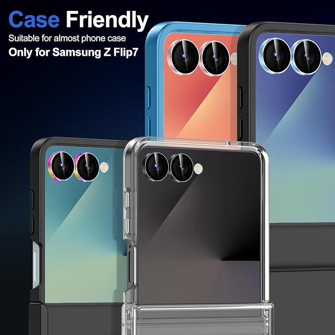 for Samsung Galaxy Z Flip 7 Camera Lens Protector, Individual Metal Ring Tempered Glass Lens Cover, [Strong Adsorption] Scratch Resistant Ultra-Thin HD Clear Lens Cover, 1 Set-Colorful Ring
