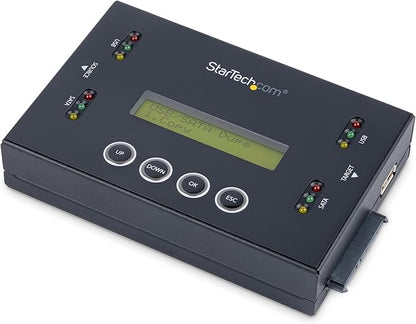 StarTech.com 1:1 Standalone Hard Drive and USB Thumb Drive Duplicator/Eraser, USB Flash and SATA HDD/SSD Disk Cloner/Copier and Wiper, Toolless Sanitizer, LCD Display, TAA Compliant (SU2DUPERA11)