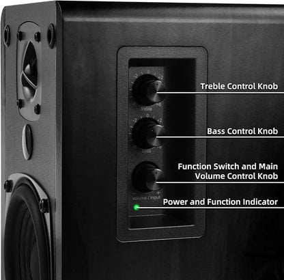 SINGING WOOD BT27 Active Powered Bluetooth Bookshelf Speakers for Studio Monitor TV Turntable Computer- 60 Watts RMS - Wood Grain Finish (Black)