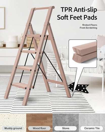 Taranta 4 Step Ladder, Lightweight Aluminum Step Stool with Convenient Handgrip, Folding Ladder with Anti-Slip Pedals, 330lbs Capacity Stepladder for Home, Office, Kitchen - Peach Pink