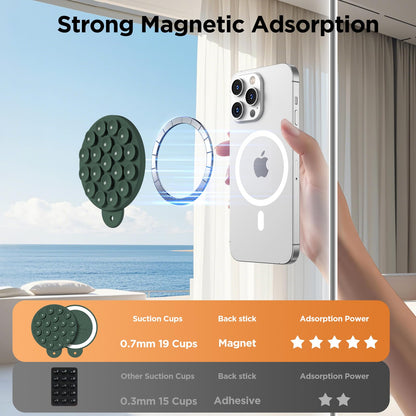 HSAOHD Magnetic Suction Cup Phone Mount, Compatible with MagSafe, Silicone Octo Cup Buddy Sticky Grip Holder for iPhone and Android, Removable Hands-Free Selfie/Video for TikTok, Alpine Green