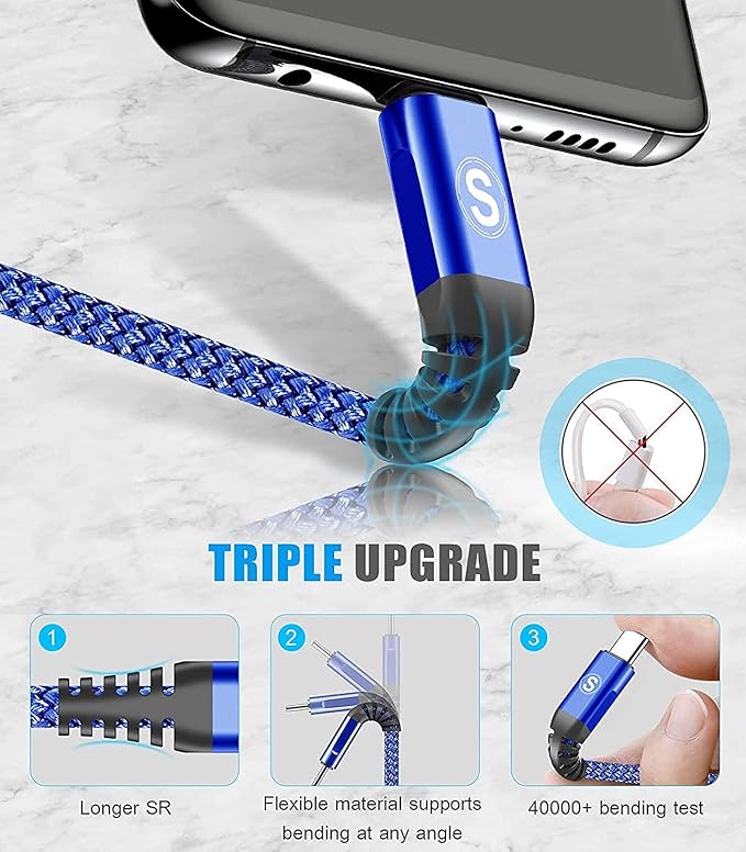 sweguard USB Type C Charger Cable [3-Pack,10ft+6.6ft+3.3ft] iPhone 15 Charger Nylon Braided Cord for iPhone 15 Pro Max Samsung Galaxy S23 S22 S21 S20 S10 Note 20 10 Flip A53 A54 Pixel LG Moto PS5-Blue