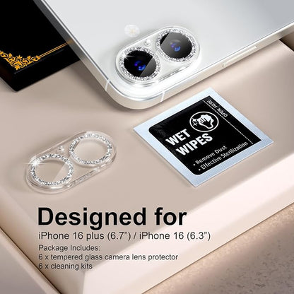 beuxece for 6 Pack iPhone 16 / iPhone 16 Plus Camera Lens Protector [Drop Protection] [Case Friendly] [Easy Installation] 9H Tempered Glass Camera Screen Protector Cover Accessories, Glitter Silver