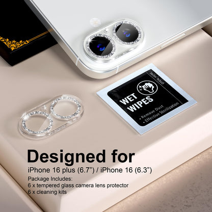 beuxece for 6 Pack iPhone 17 / iPhone 16 / iPhone 16 Plus Camera Lens Protector [Drop Protection] [Easy Installation] 9H Tempered Glass Camera Screen Protector Cover Accessories, Glitter Silver